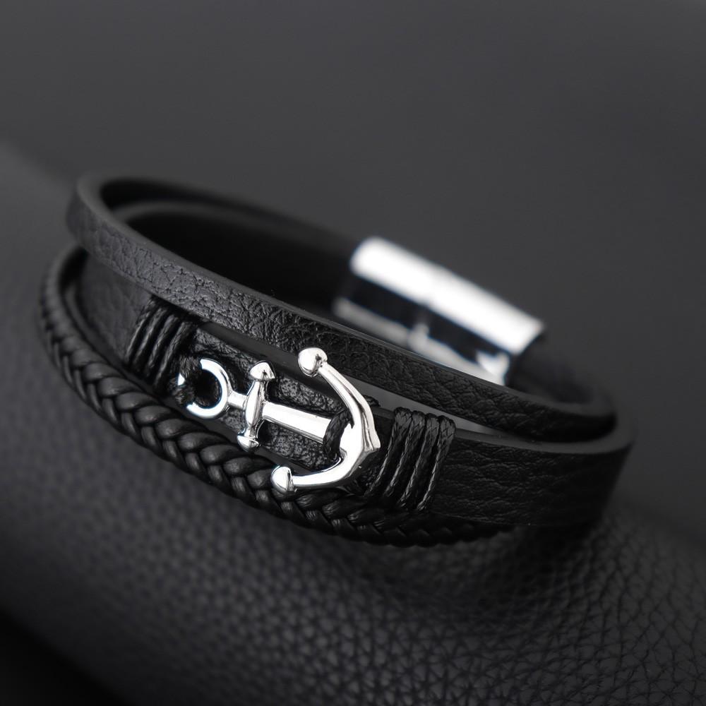 Handmade Leather Bracelet for Men Woven Metal Steel Boat Anchor Bracelet Fashion National Style Jewelry