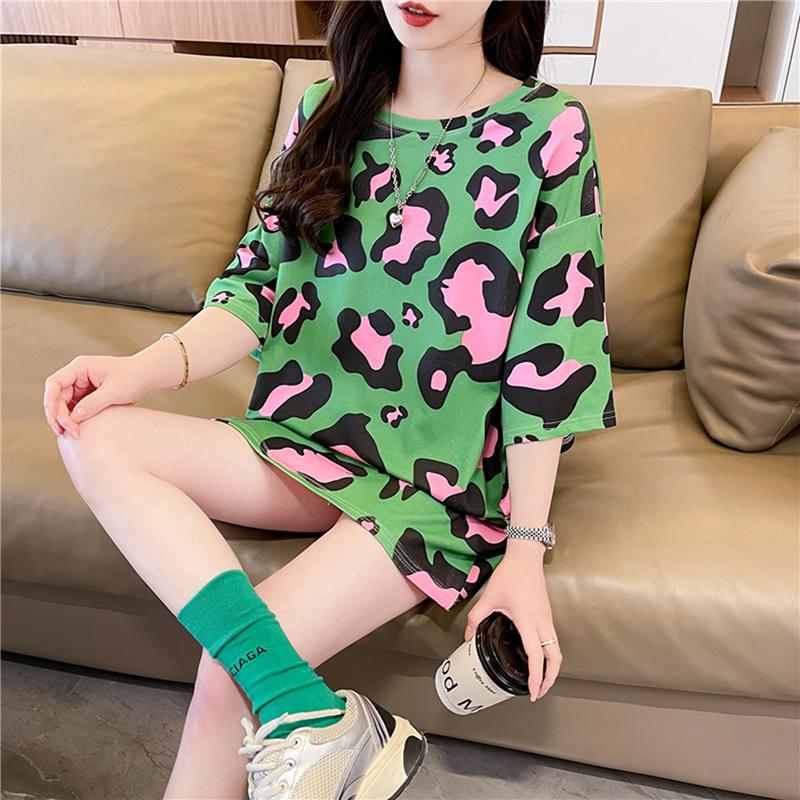 Korean Leopard Print Oversized Long T-shirts Fashion Large Size T-shirt Summer Women Green Y2k Tops Harajuku Hip Hop Streetwear