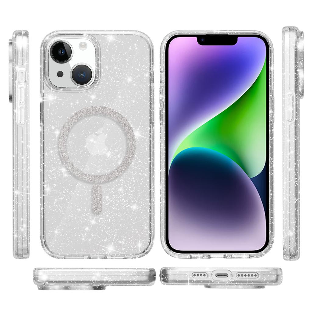 For iPhone 15 Plus/14 Plus Phone Case Compatible with MagSafe Glitter PC+TPU Hybrid Shockproof Cover