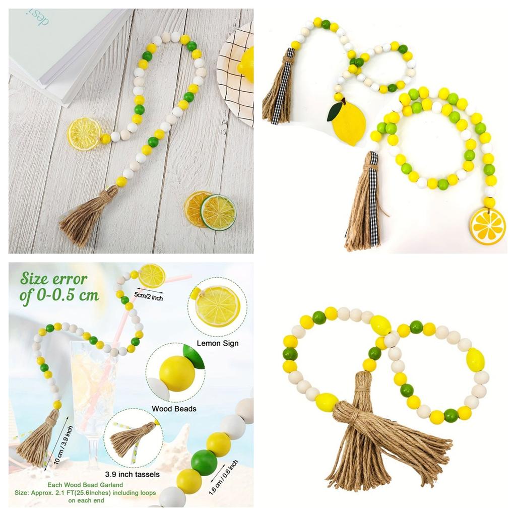 Lemon Wood Beaded Garland with Rustic Tassels Lemon Farmhouse Rustic Beads Summer Country Style Home Tiered Tray Decor