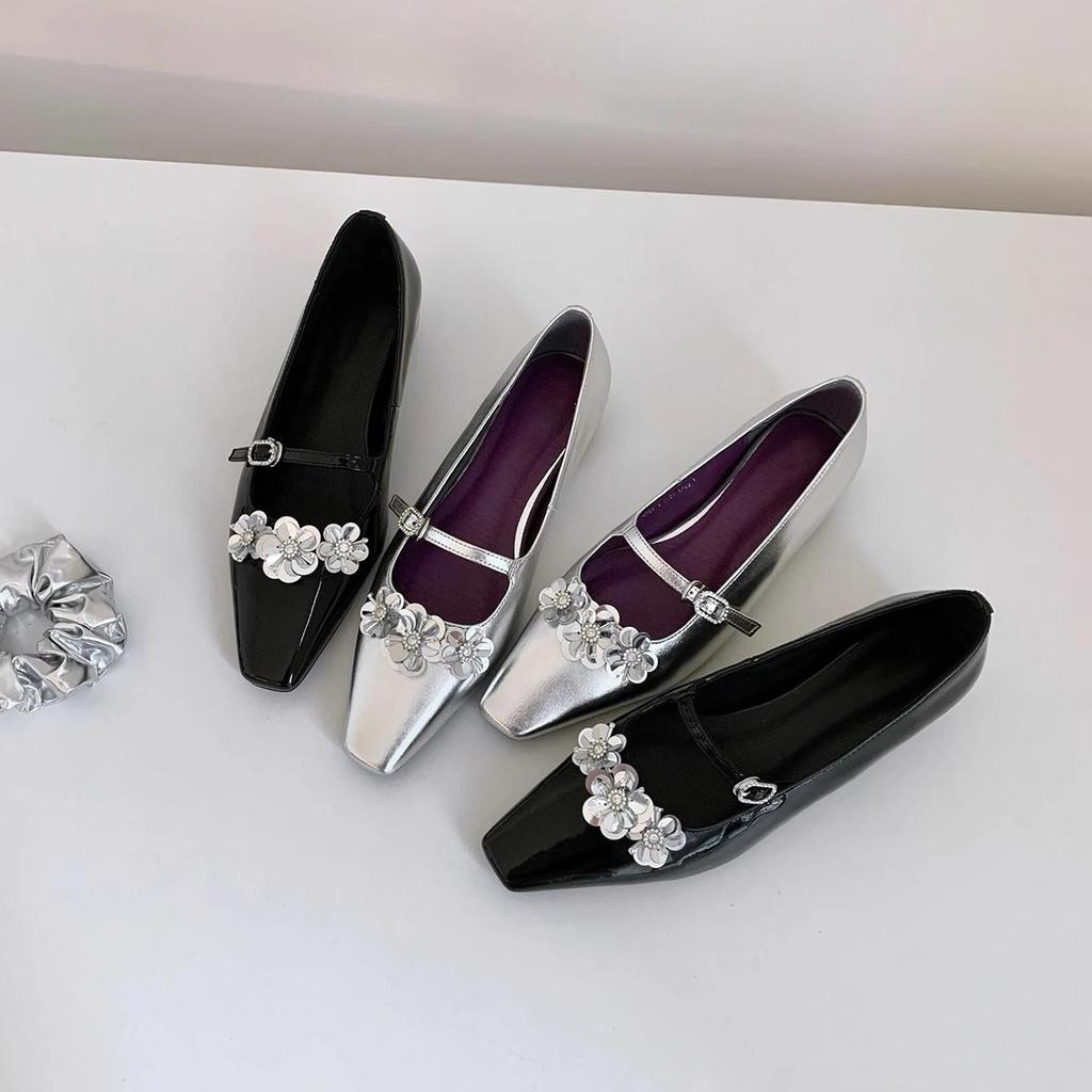 Sheepskin Version~ French Flower Word with Silver Mary Jane Shoes Temperament Square Head Light Mouth with Skirt Height-increasing Single Shoes