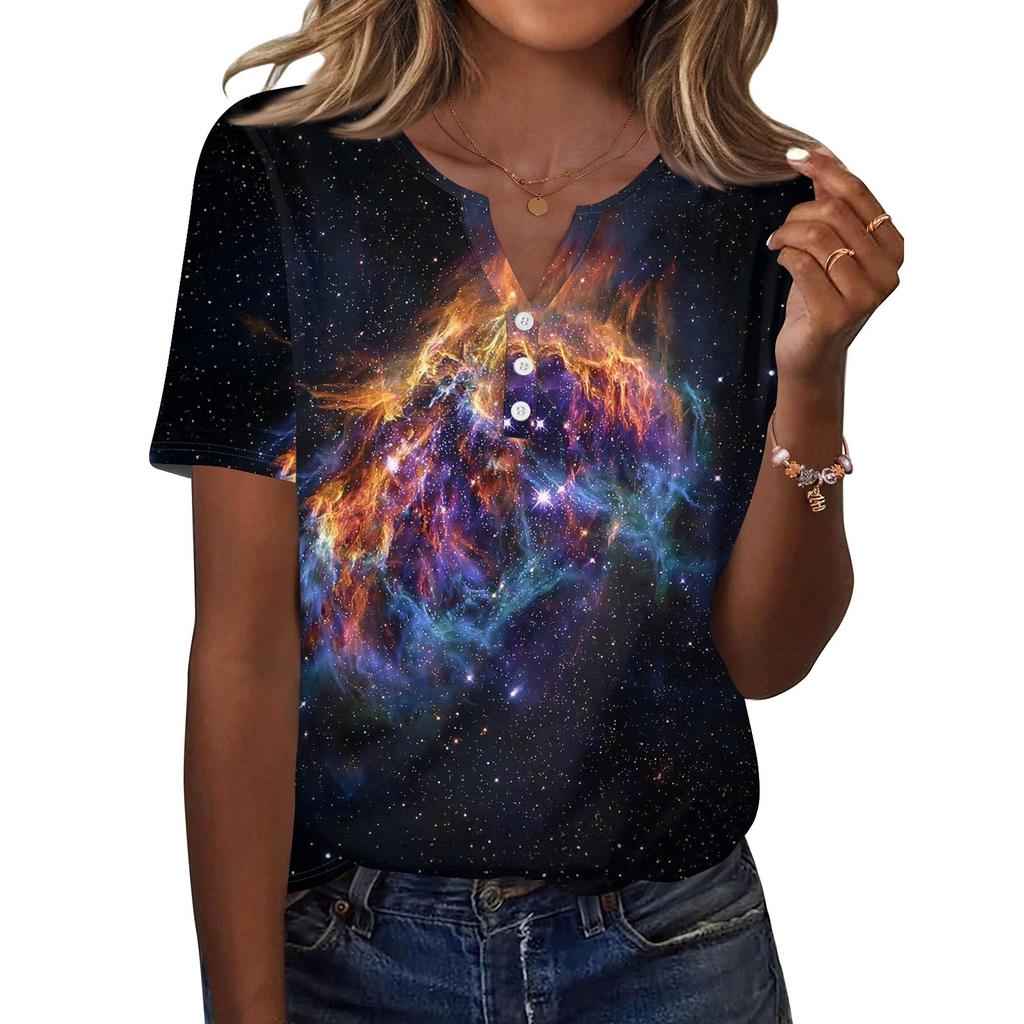 Tricou de damă, cu nasturi, cu mânecă scurtă, de zi cu zi, la modă de weekend, de bază, cu decolteu în V, obișnuit