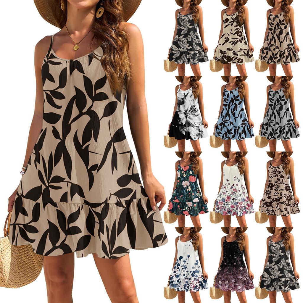 Women's Dresses Sleeveless Loose Casual Floral Print Hem Pleated Beach Dresses