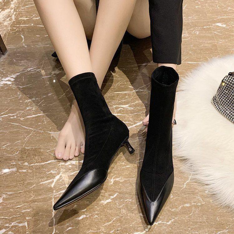 Internet celebrity thin boots women's 2025 autumn and winter new mid-heel short boots stiletto high heels pointed mid-tube elastic socks boots