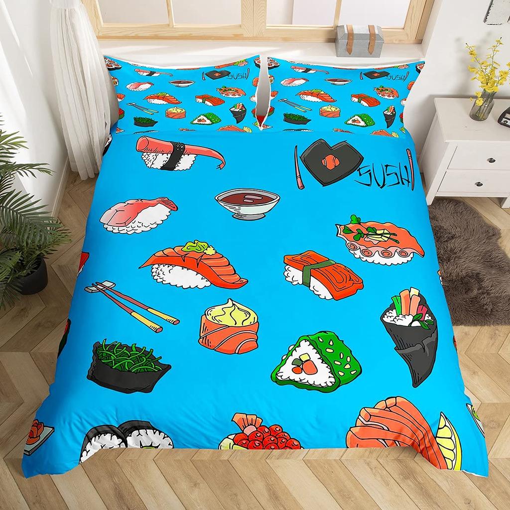 Japan Sushi King Queen Duvet Cover Marine Life Bedding Set Cartoon Japanese Food Quilt Cover Colorful Polyester Comforter Cover
