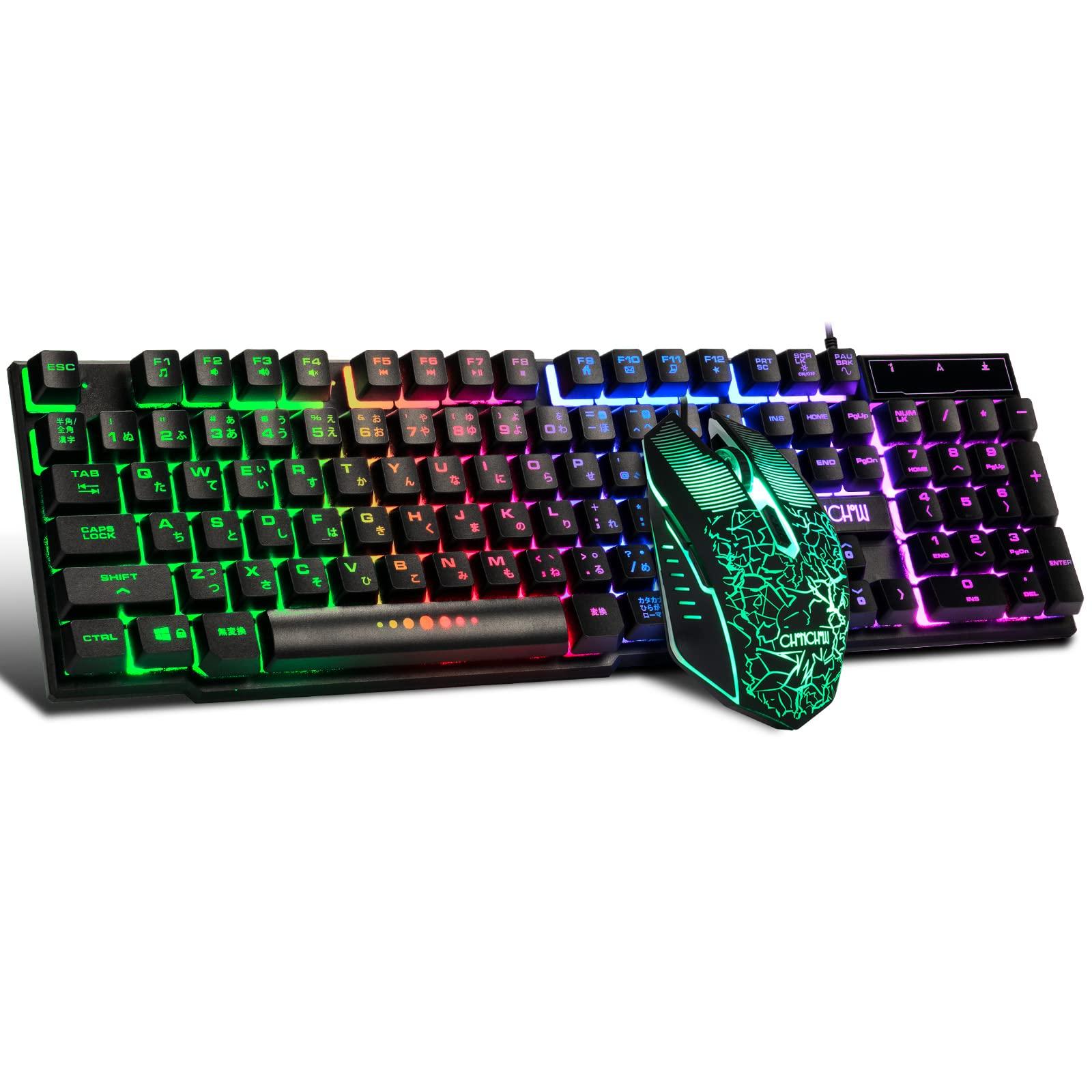 

CHONCHOW Gaming Keyboard and Mouse Set, Japanese Layout, PS4Switch Compatible, 108 Keys, Seven-Color LED Backlight, USB Wired, 19-Key Anti-Collision,
