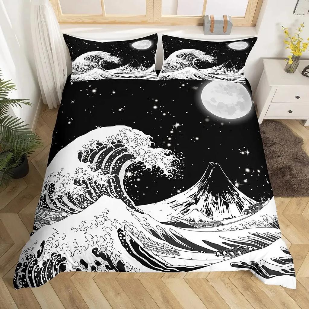 Japanese Ukiyoe Duvet Cover Set Hokusai Pattern Bedding Set Watercolor Sun Mountain Comforter Cover Exotic Style Quilt Cover Set