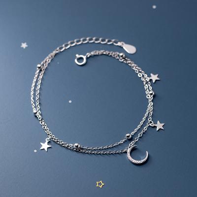 Popular 925 Sterling Silver Star Moon Bracelet Geometric Double Layer Bracelet Party Gift Fashion Women Jewelry
