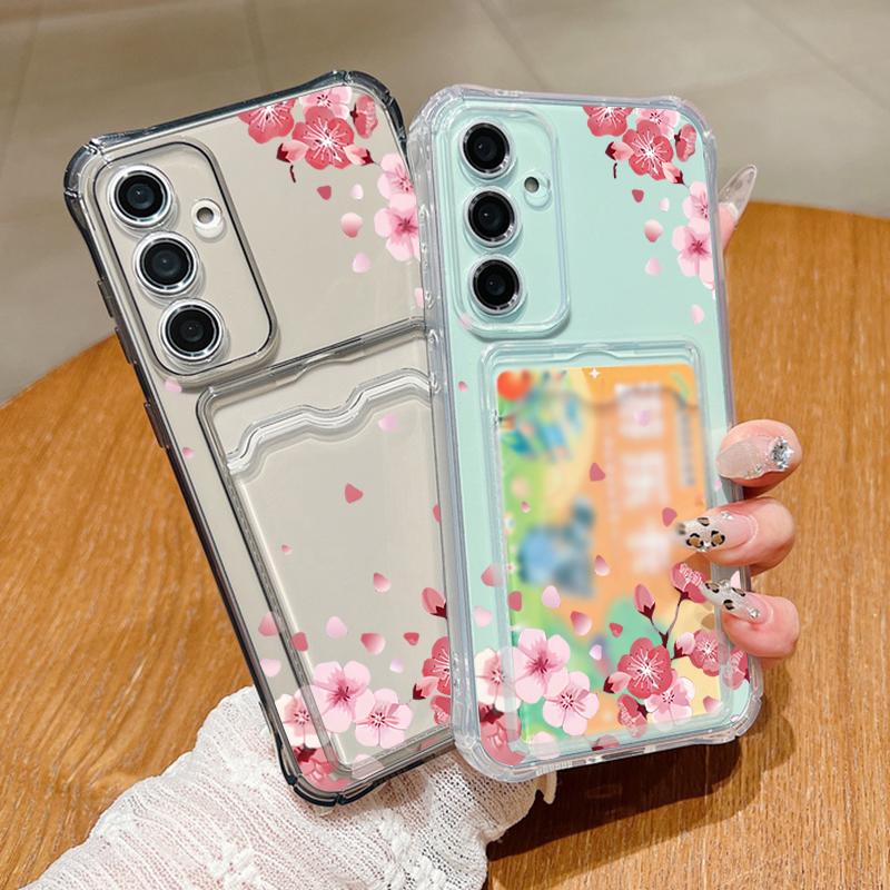 For Samsung S25 Ultra S24 FE S23 S22 A56 A36 A16 A55 Cover Sakura Floral Pattern Soft Silicone Card Slot Shockproof Clear Slim Phone Case