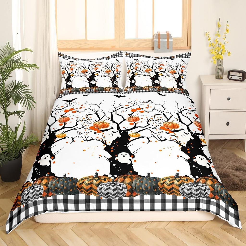 Pink Ghosts Duvet Cover Set Single Size Halloween Theme Bedding Set 2/3pcs Kids Girl Room Decor Gothic Skull Spider Bat Pumpkin
