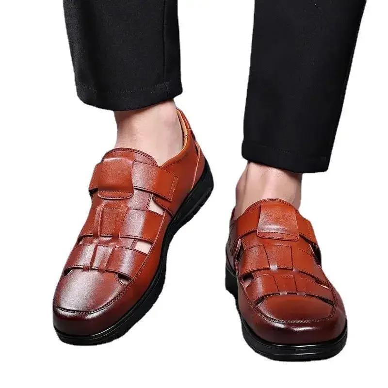 Summer New Men's Hollow Up PU Leather Breathable Sandals Non-slip Flat Soft Bottom Handmade Trendy Design Shoes Men's Shoes