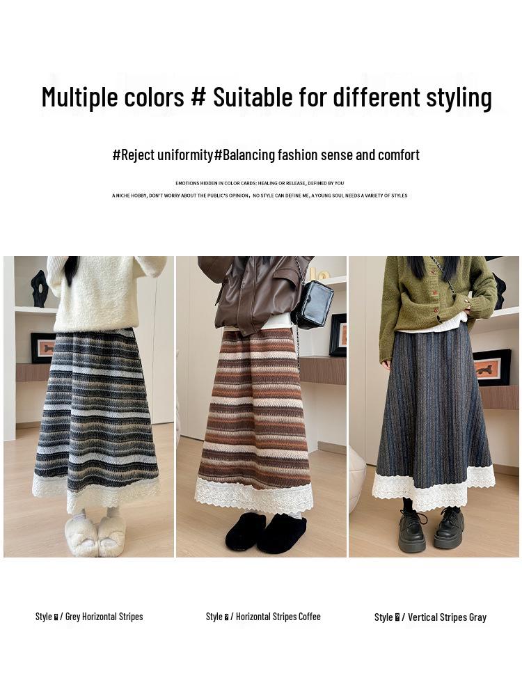 Women's Striped A-Line Skirt: Autumn/Winter 2025 High-Waist Wool Blend with Plus Velvet, Mid-Length Slimming Umbrella Style