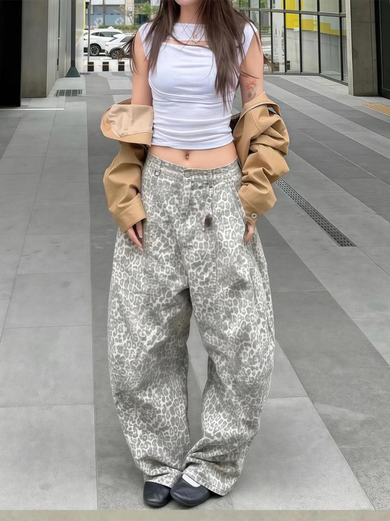 Jeans de Pierna Ancha Estilo Retro Americano Chica Picante Estampado de Leopardo: Silueta Relajada, Hasta el Suelo, Hoja Curva para Mujer