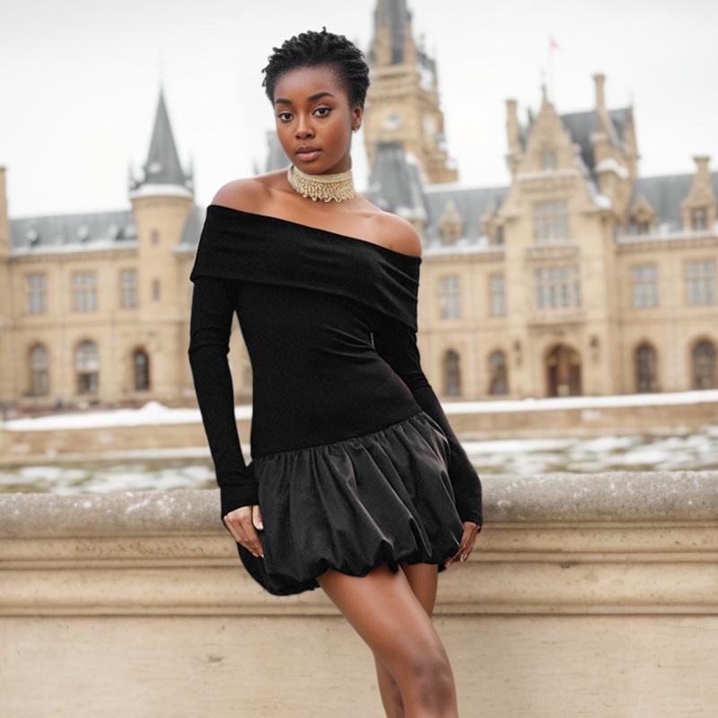 European & American Sexy Off-Shoulder Black & White Patchwork Slim Bubble Dress - Long-Sleeved, Autumn/Winter Collection.