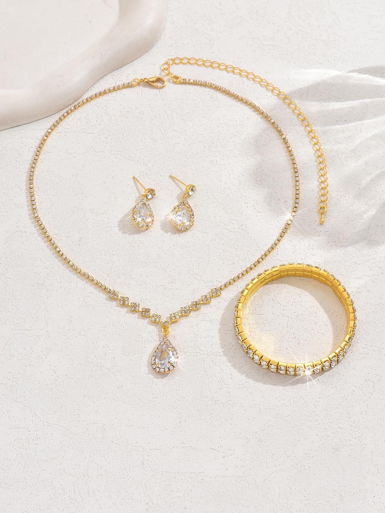 

European and American AB Color Diamond Necklace, Water Drop Pendant Earrings, and Bracelet Three-Piece Jewelry Set