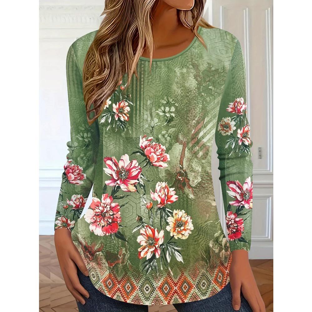 Spring and Autumn Round Neck Floral 3D Printed Top Fashionable Casual Long Sleeved Women's T-shirts