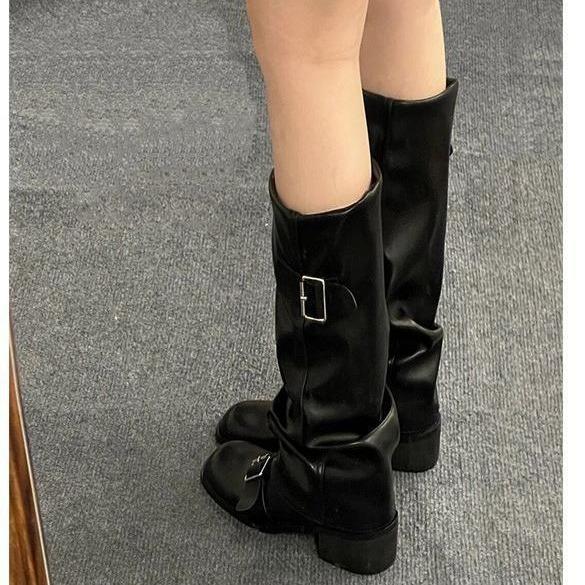 Retro Simple Boots Brown Thick Heel Autumn And Winter Boots Pleated Senior Knight Boots