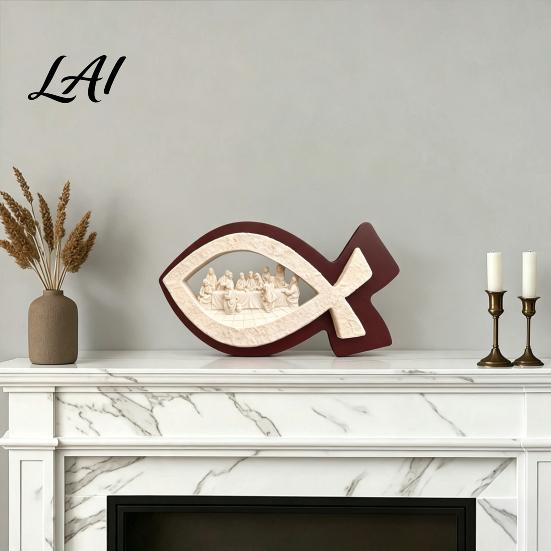 Religious Table Decor Fish Shape Last Supper Scene Statue Resin Sculpture Decorative Faith Unique Christian Gifts Art Ornament for Home Living Room