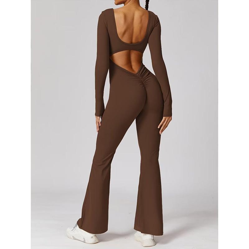 Cross Border Women's Autumn and Winter Long Sleeved U-neck Backless Slim Fit and Hip Lifting Sexy Sports Yoga Jumpsuit from Europe and America