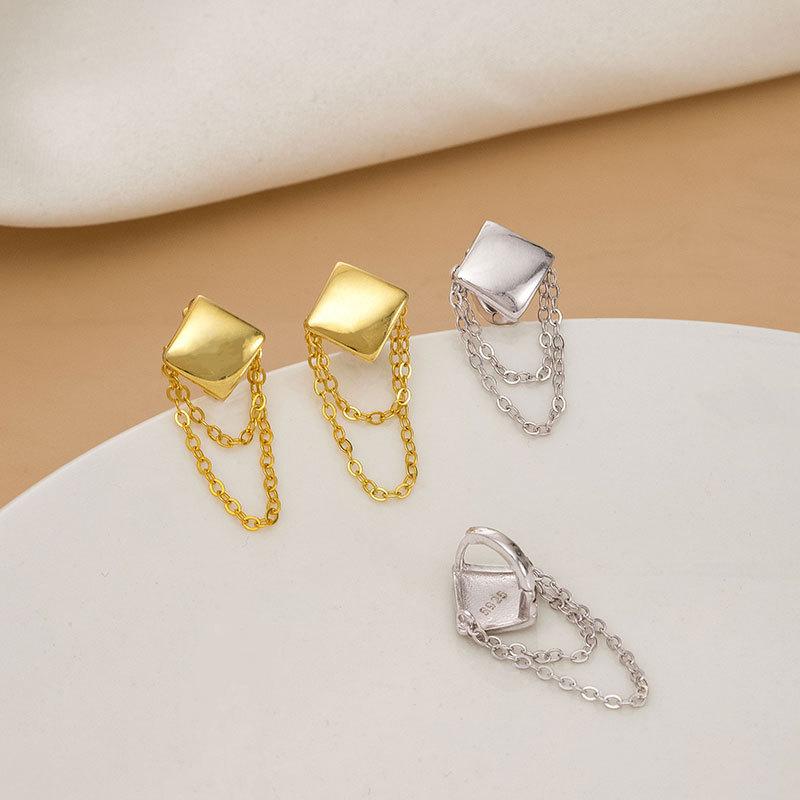 Fashion Jewelry 925 Sterling Silver Square Shape Chain Tassel Gold Plated Stud Earrings for Women