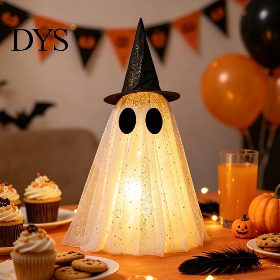 Minimalist Festive Desk Accessory Halloween Ghost Decor, Spooky Sequin Mesh Fabric with Witch Hat/Bow, Whimsical for Home Decor Small Standing