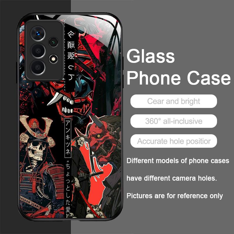 Tempered Glass Phone Case for Huawei Honor 200 100 90 Mate 50 40 Pro Nova 12 11 10 SE P30 P40 5G Japan Ghost Face Samurai Cover