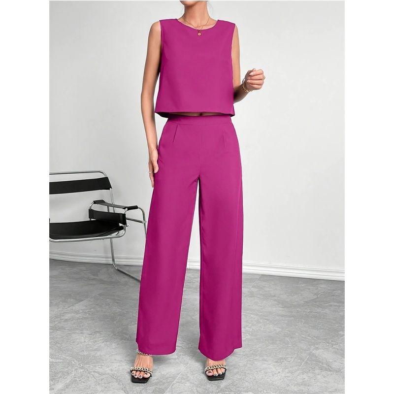 

Summer Women 2 Set Suit Ladies Tops Pants Summer Sleeveless Top Trousers Set Rose Red XXL