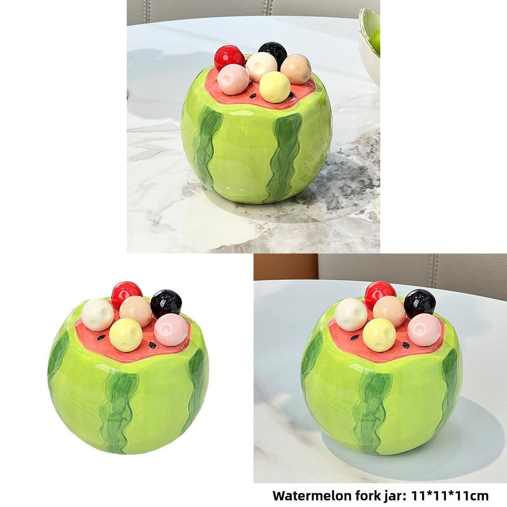Watermelon Fruit Shape Storage Jar With Six Stainless Steel Forks For Kids Daily Use