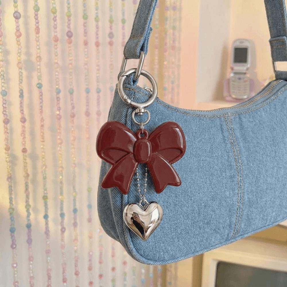 Acrylic Red Bow Keychain Circle Clip Purse Accessory Cute Bag Charm New Year