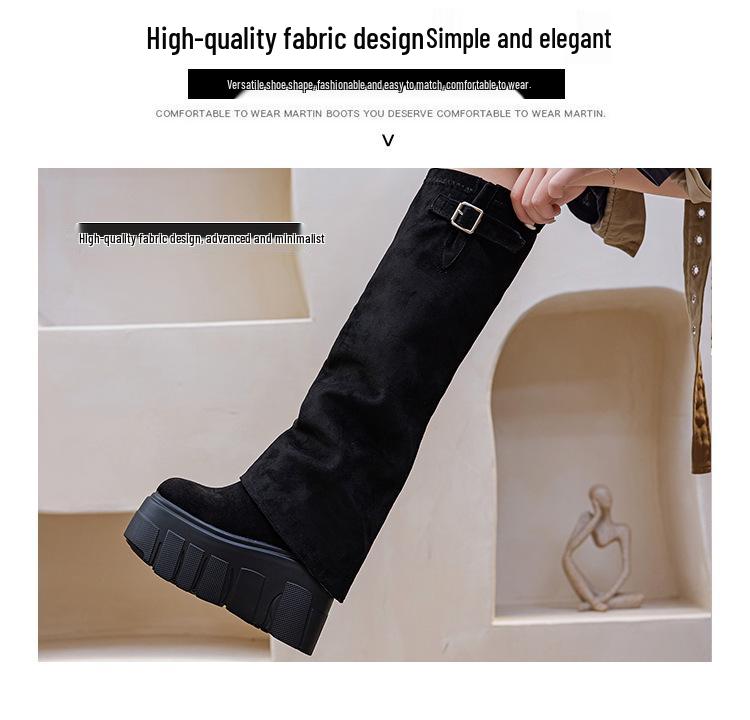Botas Femininas de Cano Alto com Sola Grossa de 14cm - Outono/Inverno 2025 Plissado Irregular Cor Sólida