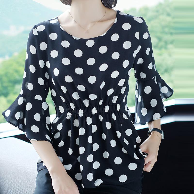 Spring and Autumn Ladies Chiffon Shirt Polka Dot Cover Belly Summer Ruffled Waist Blouse Western Style Small Shirt