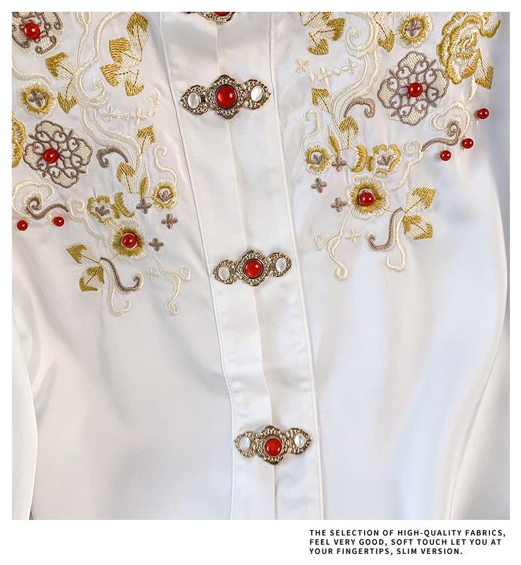 Authentic New Chinese Style Stand Collar Embroidered Shirt with Frog Buttons & Horse Face Skirt - Long Sleeve National Style Top