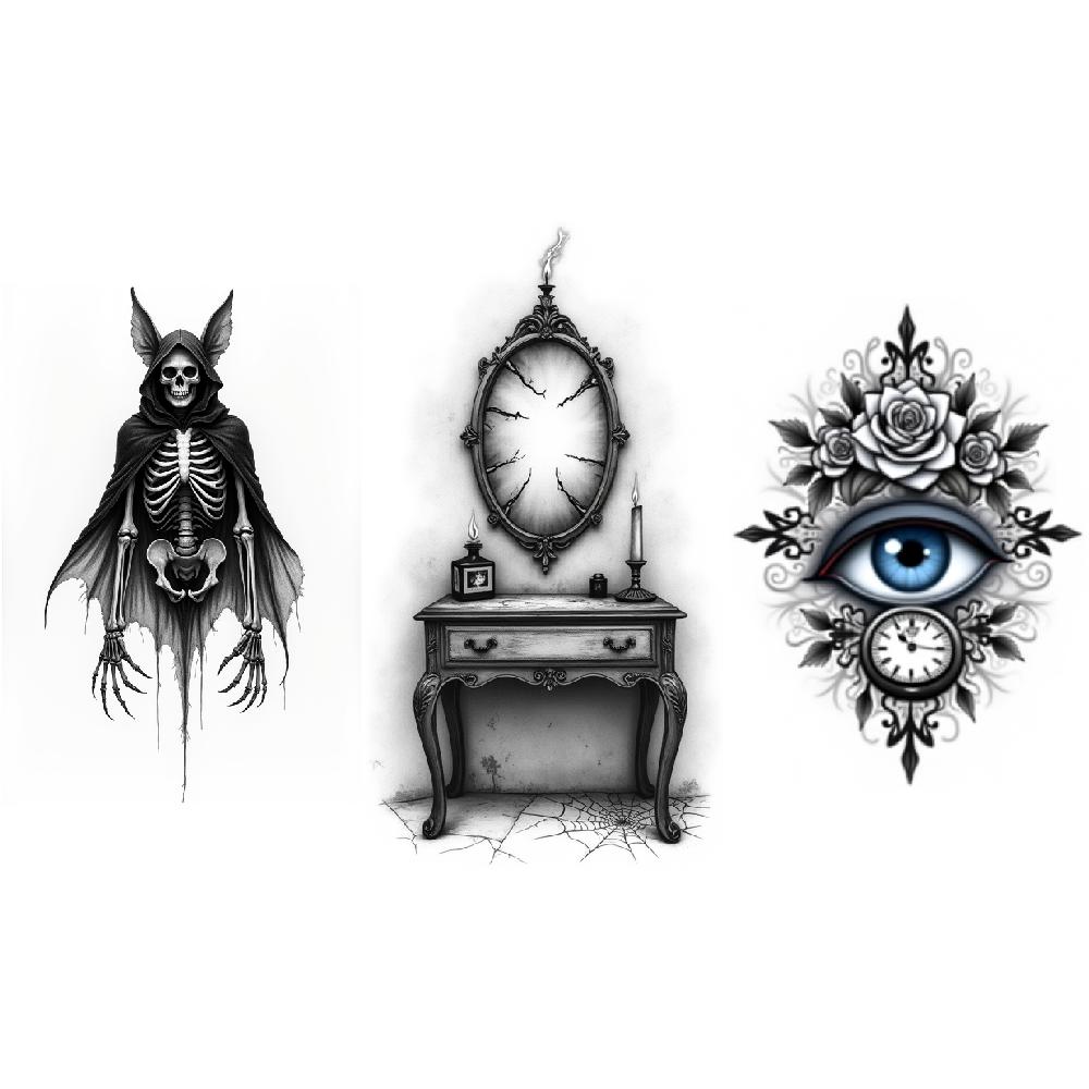 

3pcs Temporary Tattoo Realistic Temporary Tattoos Clock With Faces Ghostly Figure Wolf With Glowing Eyes For Men Thighs Adults