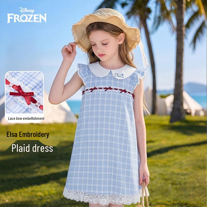 Disney Girls  Summer Plaid Dress with Doll Collar & Flutter Sleeves 140
