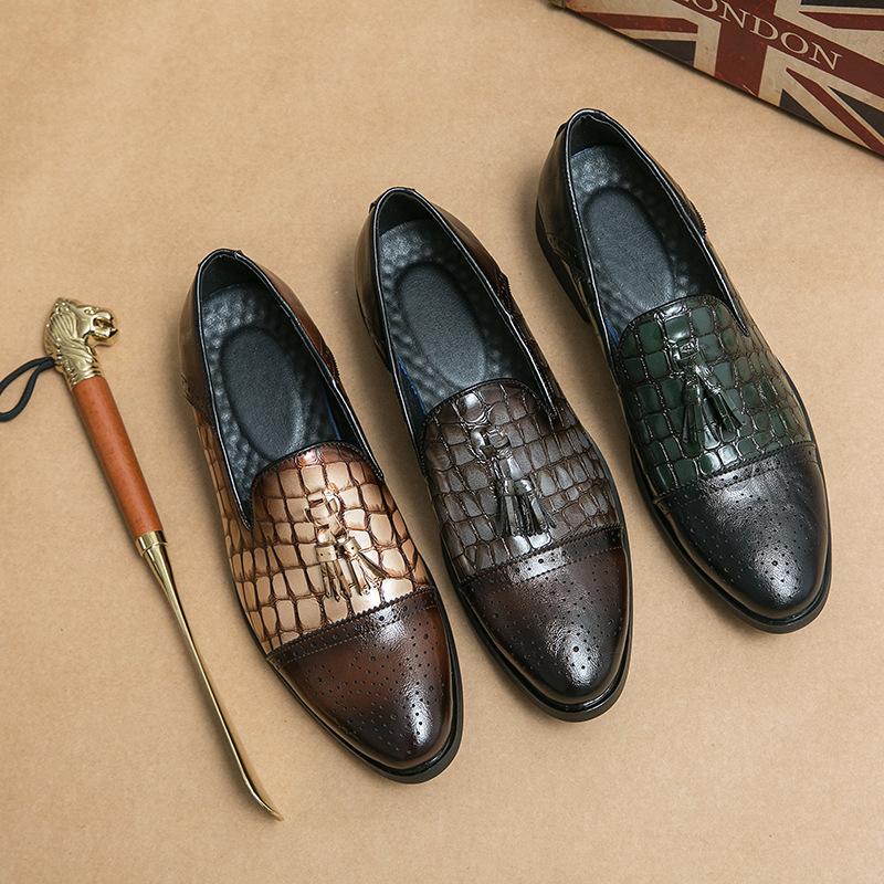 Large Size British Tassel Foot Set Pointed Leather Shoes Business Dress Korean Version of Young Hairstylist Brock Men's Shoes