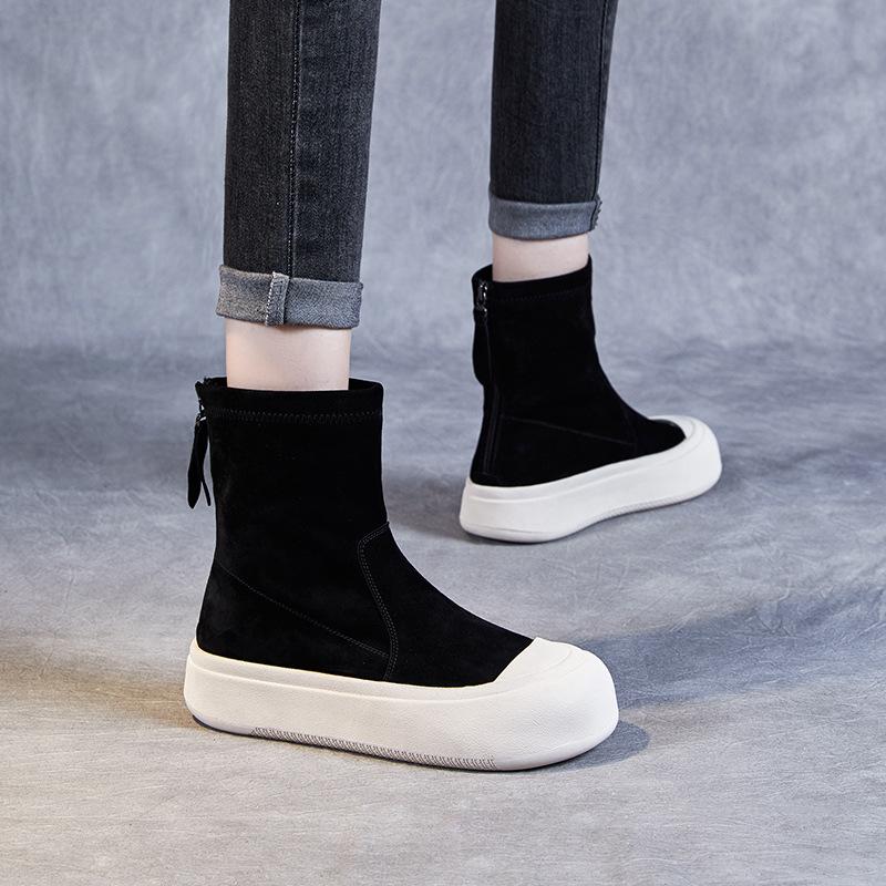 Leather Shoes, Elastic Boots, Thick-soled Shoes, Fashionable for Autumn and Winter, with Rear Zippers, Short Boots