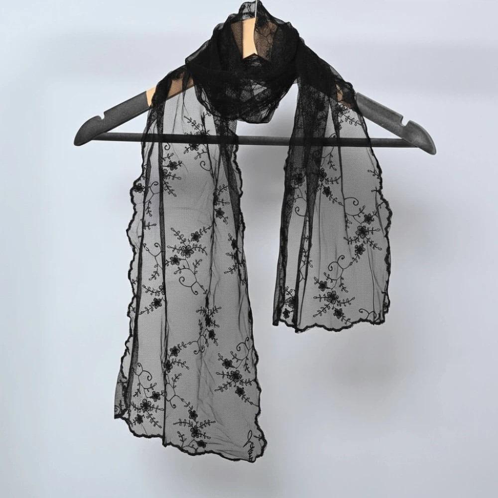 Breathable Spring Silk Scarf Polyester Lace Thin Headscarf Embroidered Flower Shawl  Summer чёрный