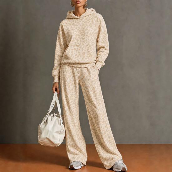 Comfortable Women Tracksuit Leopard Print Hoodie & Pants, Hooded Sweatshirt with Kangaroo Pocket, Casual Retro Outfits Wide Leg Loose Two Piece Lounge