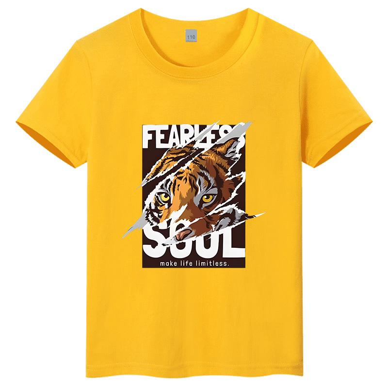 2026 Fearless Tiger American Street Style Printed Children's T-shirt Pure Cotton Children's Short Sleeve Casual Top