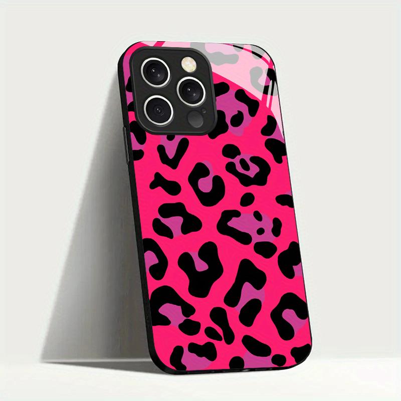 Capa de celular de vidro temperado com estampa de leopardo rosa adequada para iPhone 17 16 15 14 13 12 11 Pro/ Max /Plus anti-queda e à prova de choque
