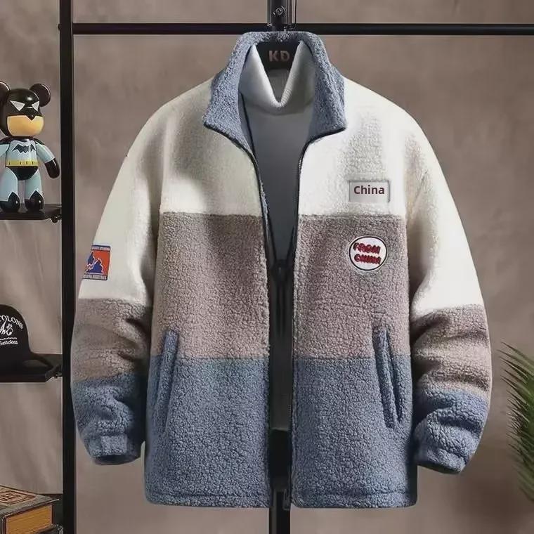 

Мужская куртка из овчины осень/зима 2022 года — новый стиль, с плюшевой подкладкой, теплая, модная верхняя одежда с цветовыми блоками. L