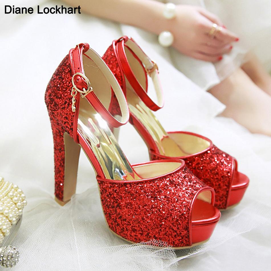 Fashion Summer New Peep Toe Shiny Sequins High Heels Women Platform Sandals Party Dress Wedding Pumps Ladies Shoes Gold Zapatos de Mujer