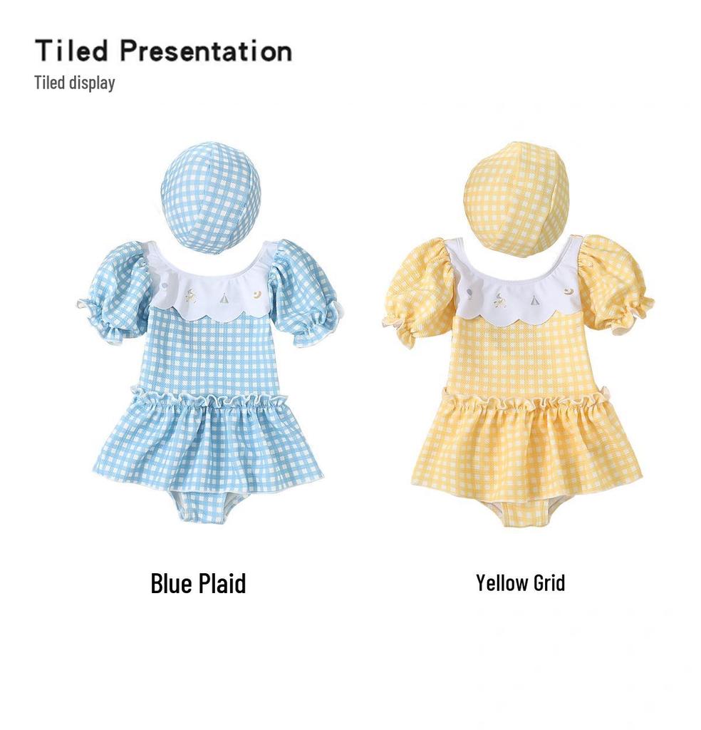 Costum de baie întreg cu carouri de desene animate pentru fetițe