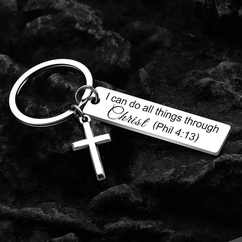 Let God Lead···Faith Cross Stainless Steel Keychain, Christian Religious Key Chain Ring Purse Bag Backpack Charm Daily Gift