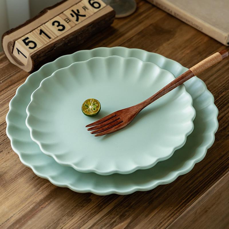 Simple Solid Color Flower-Shaped Frilly Plate High-Value Western Food Plate Ceramic Large Plate Household Round Plate Tableware Plate