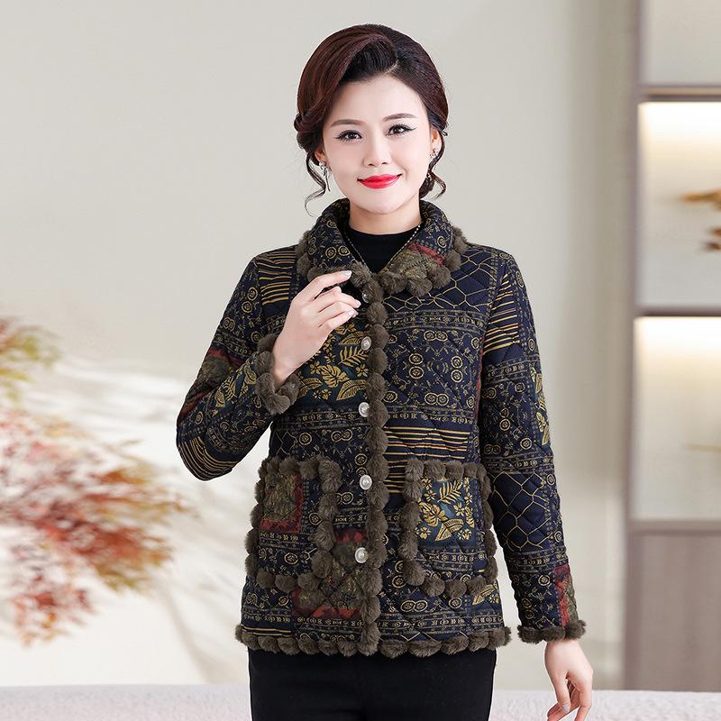 Stylish Floral Plush-Lined Cotton Jacket for Mid-Aged and Elderly Women - Warm, Loose Fit with Lapel