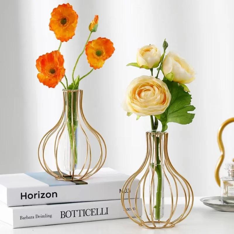 1 Set Of Gold Wrought Iron Metal Vase Hydroponic Container Test Tube Vase Living Room Illustration Decoration Flower Decor