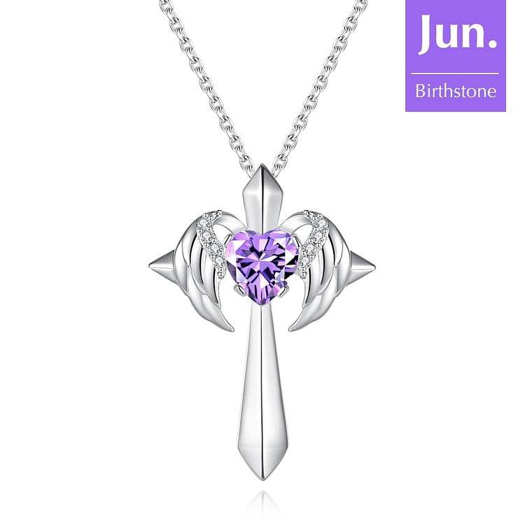 Colier Nou cu Pandantiv Cruce Aripă de Înger, Modă Femei, Colier cu Piatră Natală în Formă de Inimă, Cadou