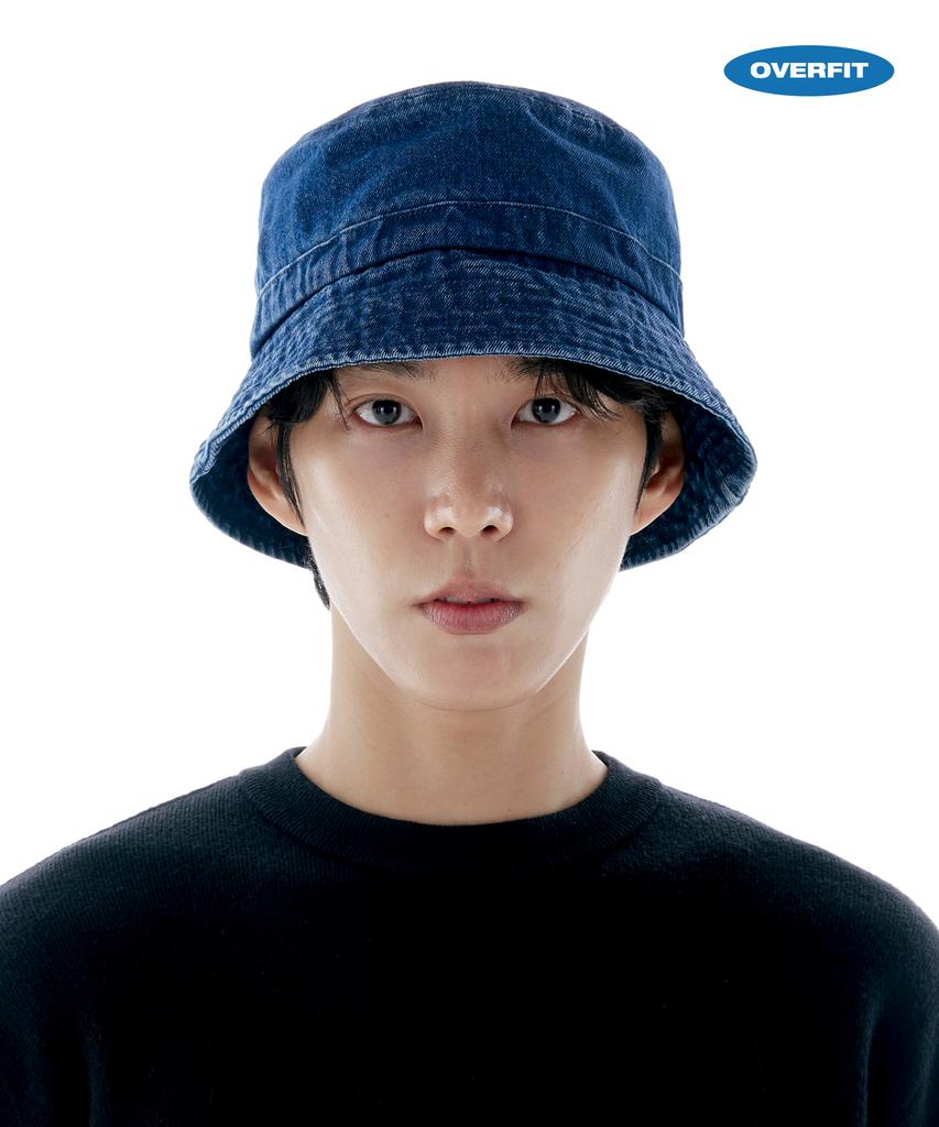 Luoeseupaeg Oversized Washed Denim Line Bucket Hat (Indigo)