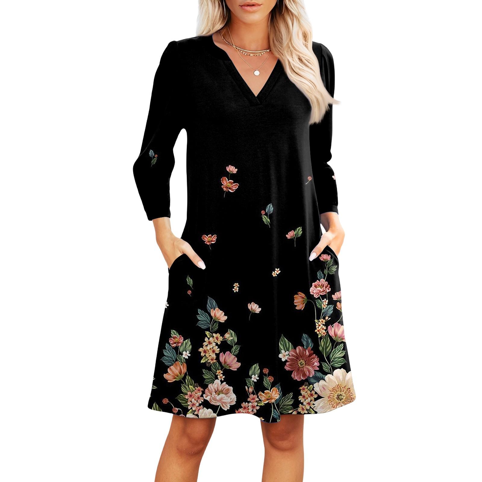 

Женское модное платье с V-образным вырезом, повседневное пляжное платье с рукавами три четверти и цветочным принтом L чёрный